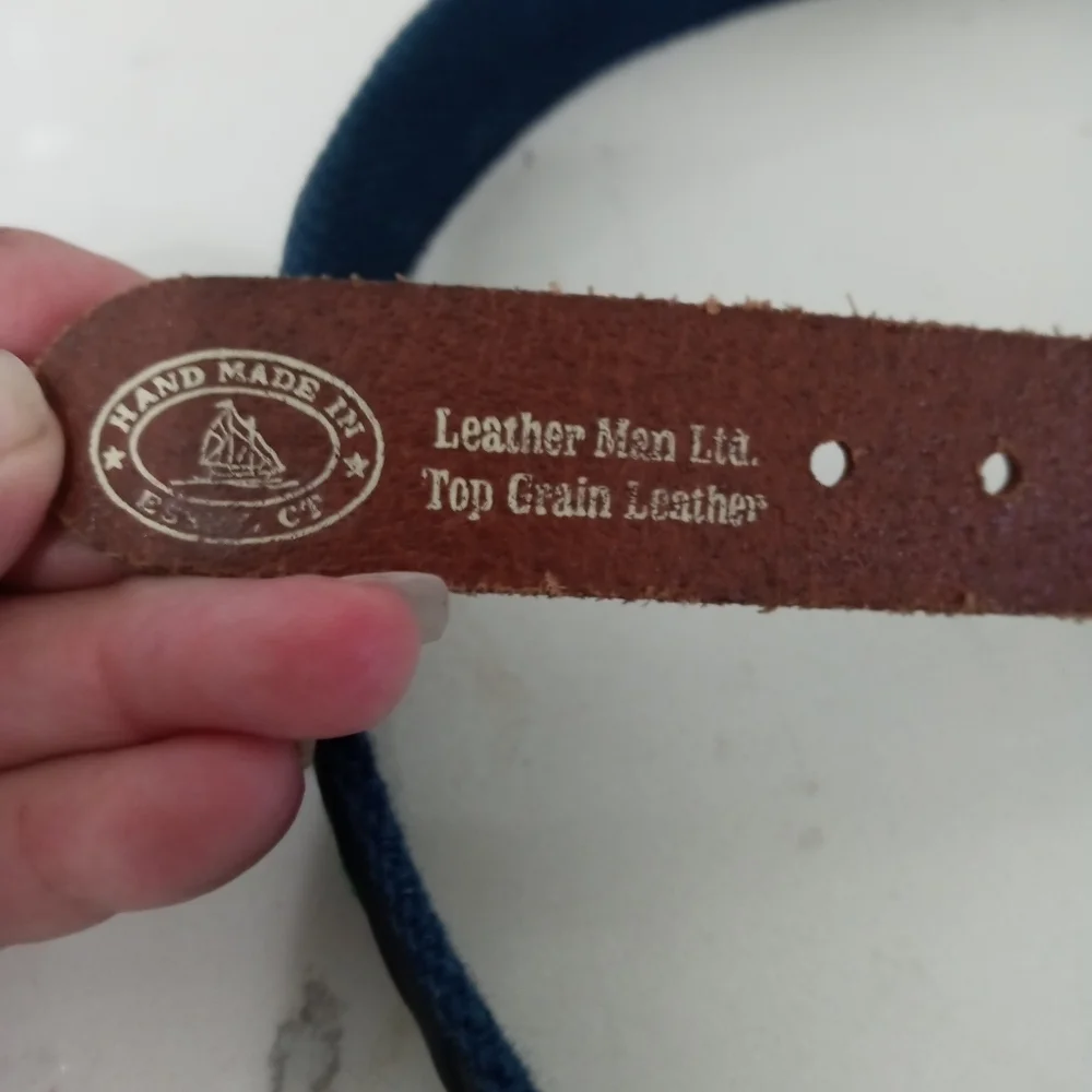 Leatherman Handmade Top Grain Brown leather Navy blue canvas Emb. Whale Belt 40